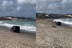 Motorista invade faixa de areia na Praia de Ponta Negra, em Natal, e causa risco a banhistas